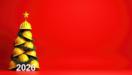 Creative holiday tree made of yellow construction helmets adorned with green garland and topped with a star, symbolizing safety and celebration in construction industry