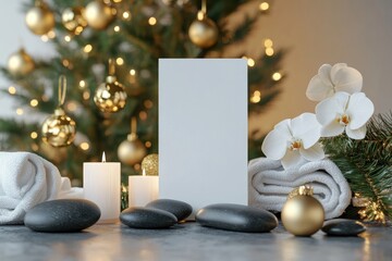 Elegant holiday mock up scene featuring blank card surrounded by candles, smooth stones, towels, and festive decorations, perfect for seasonal greetings and promotions