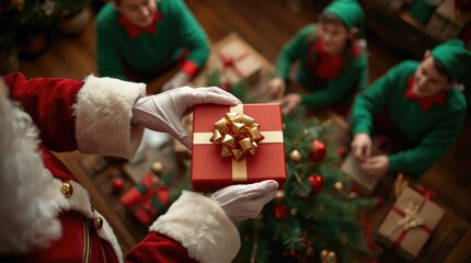 Santa Claus holding a beautifully wrapped gift with golden bow, surrounded by cheerful elves preparing for Christmas celebration in a festive atmosphere