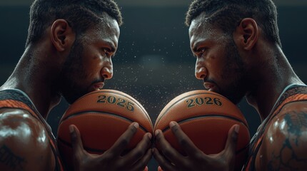 Male basketball player intensely focused on two basketballs, symbolizing competition and determination, with a dramatic atmosphere and dynamic lighting effects