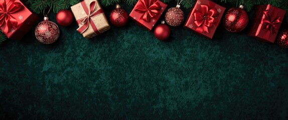 Festive holiday decorations featuring red and gold ornaments, beautifully wrapped gifts, and evergreen branches on a textured dark green background with ample copy space