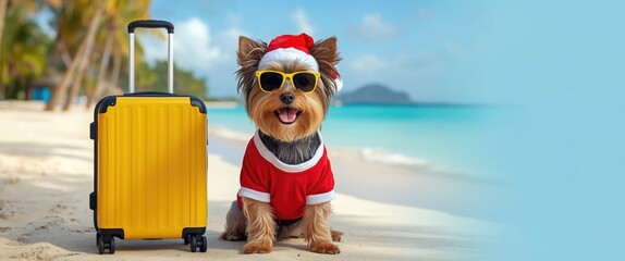 Small dog wearing Santa outfit and sunglasses sits beside yellow suitcase on beach, enjoying sunny holiday atmosphere with ocean in background