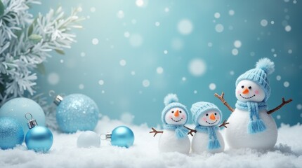 Three cheerful snowmen wearing blue hats and scarves stand in a snowy landscape surrounded by festive ornaments, creating a joyful winter holiday atmosphere