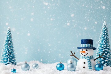 Snowman with blue hat and scarf surrounded by sparkling ornaments and snowy landscape, creating a festive winter atmosphere with holiday spirit