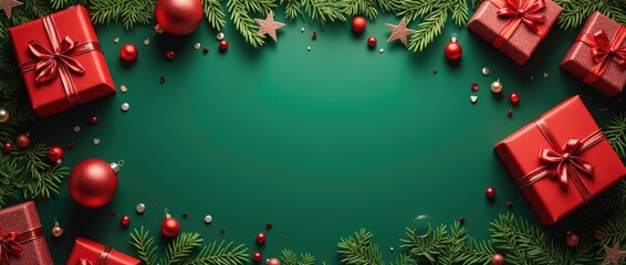 Festive holiday scene featuring red gift boxes, ornaments, and evergreen branches arranged on a green background, creating a joyful atmosphere for celebrations