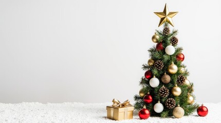 Festive Christmas tree adorned with colorful ornaments and a golden star, accompanied by a beautifully wrapped gift box on a snowy white surface