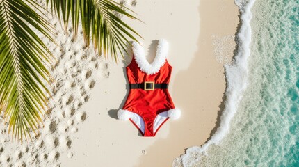 Red swimsuit with white fur trim and black belt laid on sandy beach, surrounded by palm leaves and ocean waves, capturing a festive summer holiday vibe