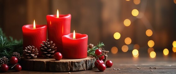 Red candles are glowing warmly on a rustic wooden slice, surrounded by pinecones and festive decorations, creating a cozy holiday atmosphere with soft bokeh lights