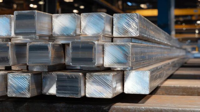 299Macro view of stacked square metal pipes, uniform dimensions with subtle machining marks, light reflecting off brushed steel surfaces, conveying industrial robustness.