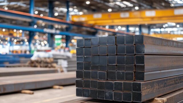 300High-detail close-up of square steel tubes, edges crisp, surfaces metallic and slightly reflective, stacked neatly in an industrial warehouse setting.