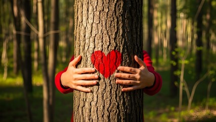 Person hugging a tree with a red heart in a forest