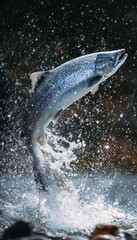 Obraz premium Salmon Leaping Near Riverbank Rocks with Frozen Water Droplets