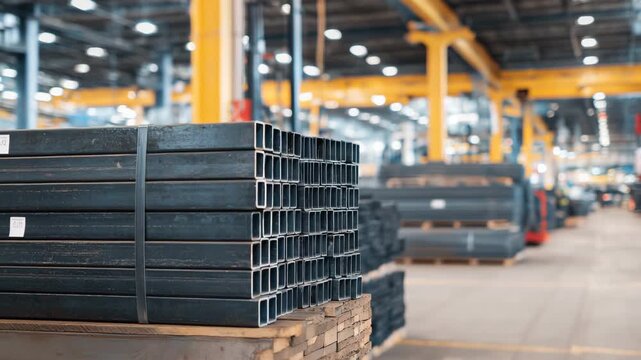 305Side-angle close-up of square steel tubing, smooth reflective surfaces and sharp edges, stacked in rows, with warehouse lighting casting soft metallic highlights.