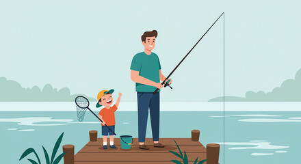 Father and son fishing on a pier