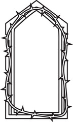 A minimalist black and white vector outline of a classic pointed archway, framed by a continuous, jagged crown of thorns that creates a stark and dramatic gothic border.