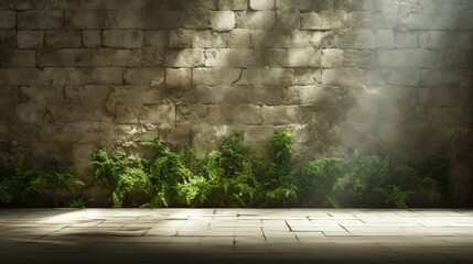 A serene, illuminated stone wall with lush green plants at its base, creating a tranquil atmosphere.