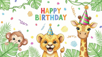 Kids cute animal print, hand drawn happy birthday party cartoon colorful pencil postcard elements. Baby lion, monkey face, giraffe in funny hat, holiday confetti scribble. Jungle kids animal poster