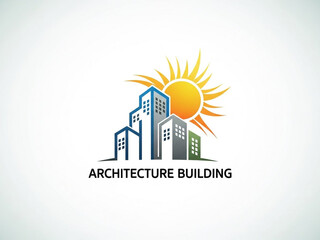 Fototapeta premium Modern Urban Architecture Logo with High-Rise Buildings and Sunburst in Blue, Green, and Orange