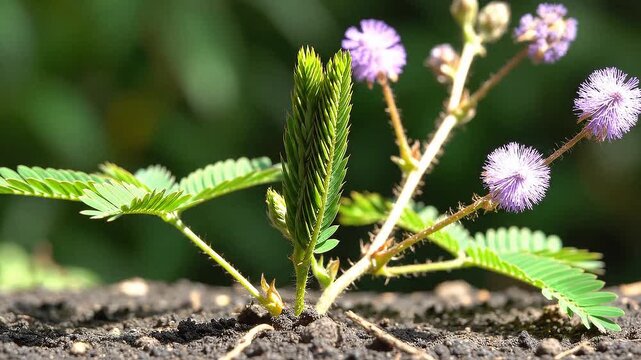 Vibrant touch-me-not plant with fluffy purple flowers growing in rich soil