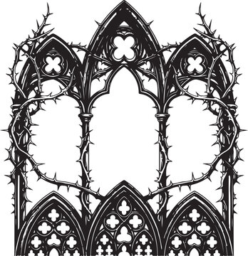 A sophisticated black and white vector illustration featuring triple gothic arches with ornate tracery, intertwined with a detailed crown of thorns for a dark, religious aesthetic.