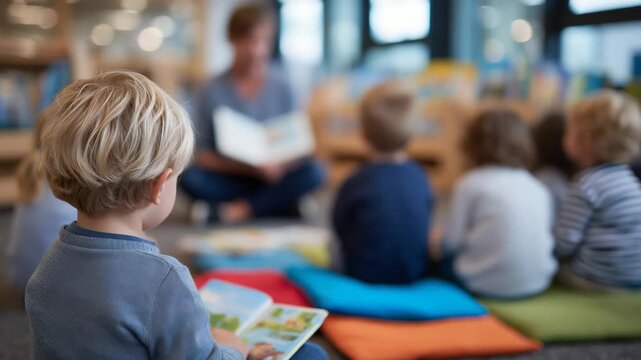 323Artistic perspective of a storytime, teacher reading to children sitting on colorful mats, soft focus on kids&rsquo; faces, books and educational materials scattered nearby.