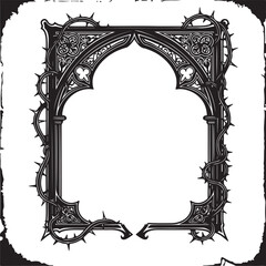 An intricate black and white vector of a Gothic archway frame, featuring ornate stone carvings and entwined thorny vines for a dark, dramatic, and vintage aesthetic. © Muhammad