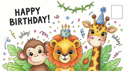 Kids cute animal print, hand drawn happy birthday party cartoon colorful pencil postcard elements. Baby lion, monkey face, giraffe in funny hat, holiday confetti scribble. Jungle kids animal poster