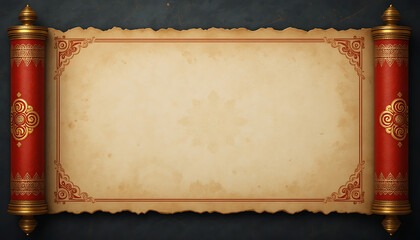 Ancient golden scroll with blank aged parchment and ornate red rollers for your message