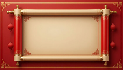 Elegant traditional chinese scroll with blank parchment for festive asian design template