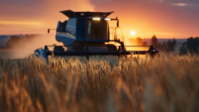A combine looms large in the foreground from a ground-level perspective as it moves through tall ripe wheat; the horizon blazes with orange-gold sunset light, emphasizing the scale