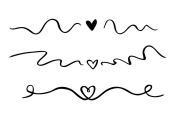 Hand-drawn set of horizontal wavy dividers with a heart shape in the center. Doodle love text divider