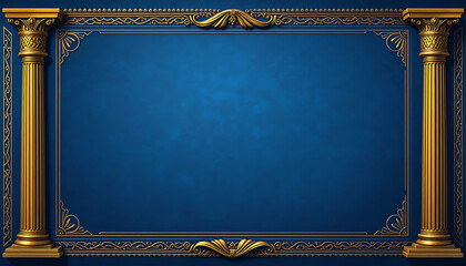 Elegant blue background with golden ornate frame and classical columns for a luxurious design