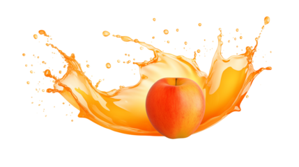 Vibrant orange juice splash with fresh apple on black background