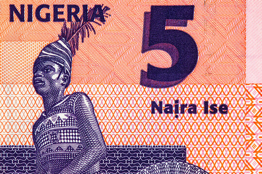 5 Naira Nigeria with a portrait of three Yoruba drummers. New polymer money of Nigeria
