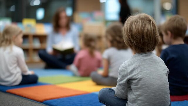 Artistic perspective of a storytime, teacher reading to children sitting on colorful mats, soft focus on kids&rsquo; faces, books and educational materials scattered nearby.