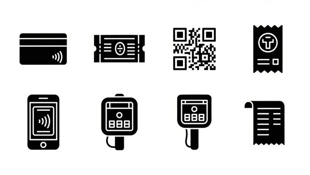 Collection of payment and transaction icons including credit card, ticket, QR code, receipt, and mobile payment. - Powered by Adobe