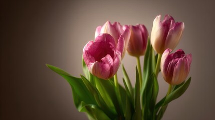 Fototapeta premium Blooming Tulips Bouquet with Pink and Golden Petals in Studio Setting