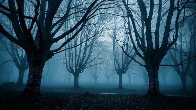 Mysterious foggy forest with bare trees creating an eerie atmosphere in nature