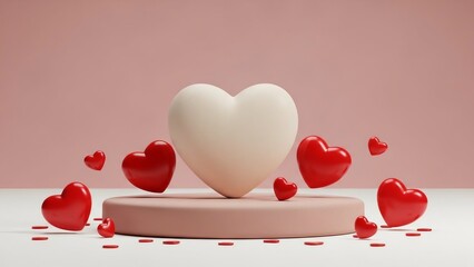 Romantic display of white and red hearts with confetti on a soft pink background