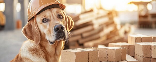 Dog Wearing Construction Helmet at Building Site Surrounded by Bricks
