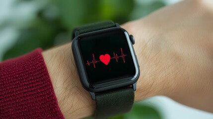A close-up of a smartwatch displaying a heart monitor graphic on its screen, worn on a wrist.