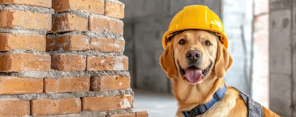 Happy Dog in Construction Helmet at Building Site with Bricks