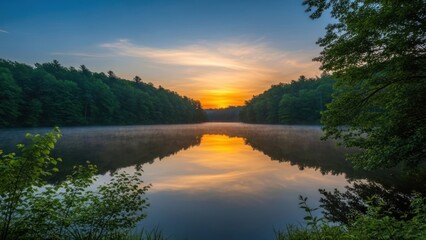 Obraz premium Tranquil lake scene with trees reflecting sunset colors