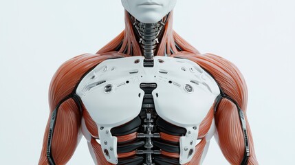 A detailed anatomical model showcasing human muscles and robotic components, illustrating the intersection of biology and technology.