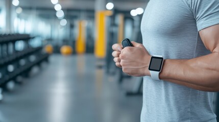 A fit individual holds a fitness tracker in a gym environment, showcasing a focus on health and exercise.