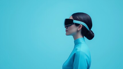 A woman in a sleek, futuristic outfit and advanced VR goggles stands against a vivid blue background, embodying technological innovation and modernity.