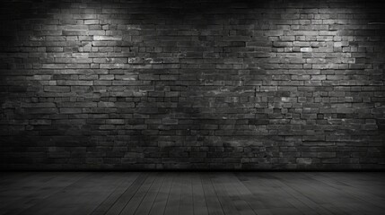 A dimly lit, textured black stone wall with a wooden floor, creating a moody and atmospheric backdrop.