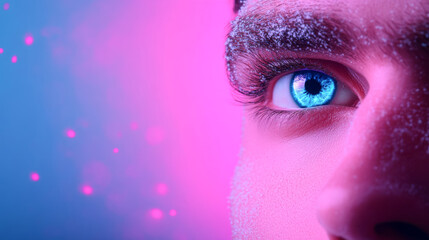 Futuristic vision: close-up of turquoise eyed athlete with neon glow