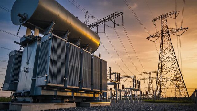 Power Transformer and High Voltage Electric Grid at Sunset, Industrial Energy Infrastructure