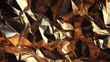 Deeply textured background features highly reflective, crumpled metallic sheeting under dramatic lighting.